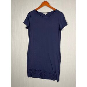Laser Cut Hem T-Shirt Dress Women XL Navy Blue Scroll Dainty Feminine‎ Casual
